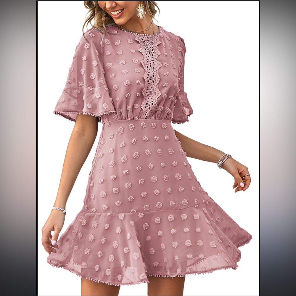 NWT Babydoll Mini Dress with Flounce Sleeves and Textured Fabric in Mauve